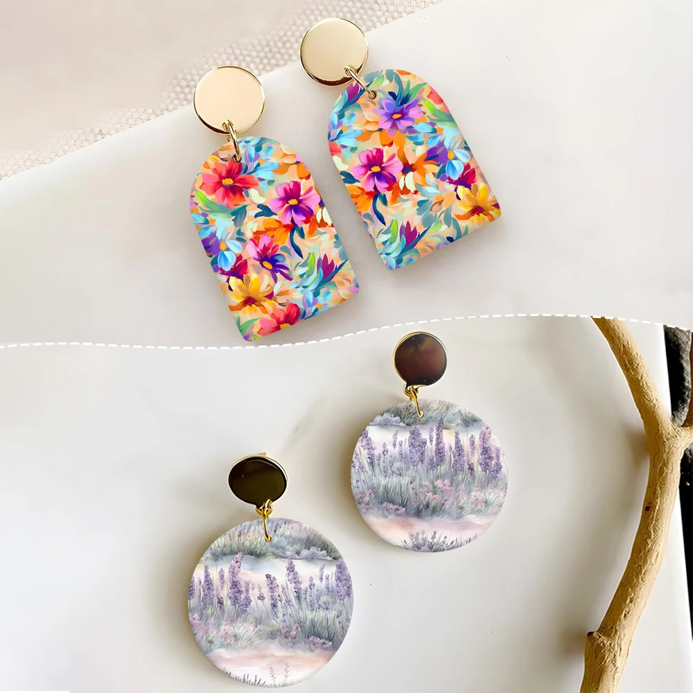 Peinture à l'huile florale marguerite motif lavande boucles d'oreilles en céramique douce autocollant jetable Soluble dans l'eau pour bricolage fabrication de bijoux décalcomanie