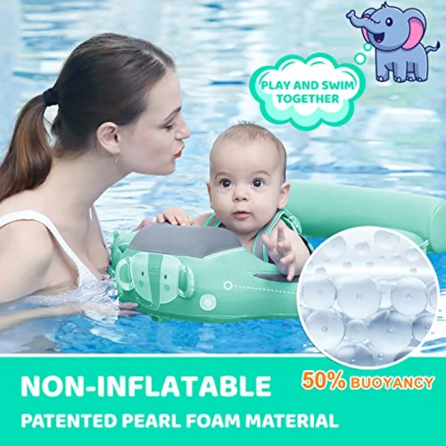 Baby swim float for 3-24 months elephant green non-inflatable design with canopy tail skin-friendly material ideal for infant p