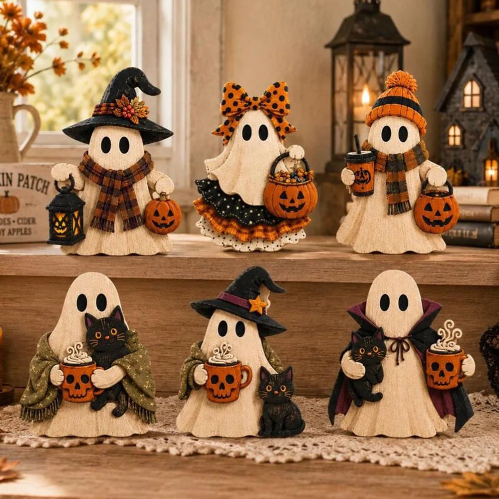 Ghostly Wooden Block Ornament Halloween Desktop Decor Rustic Autumn Decoration Farmhouse-Style Halloween Decoration Gift