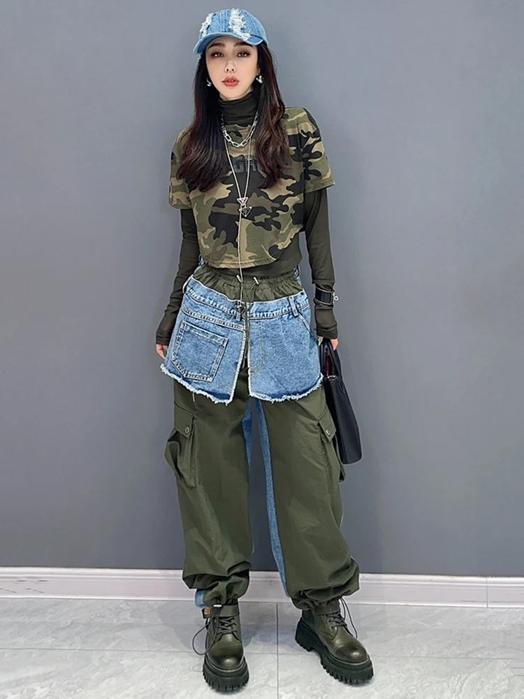 Fashion Women Denim Spliced Culottes Niche Design Elastic Waist Contrast Color Straight Jeans Autumn 2024 New Clothes