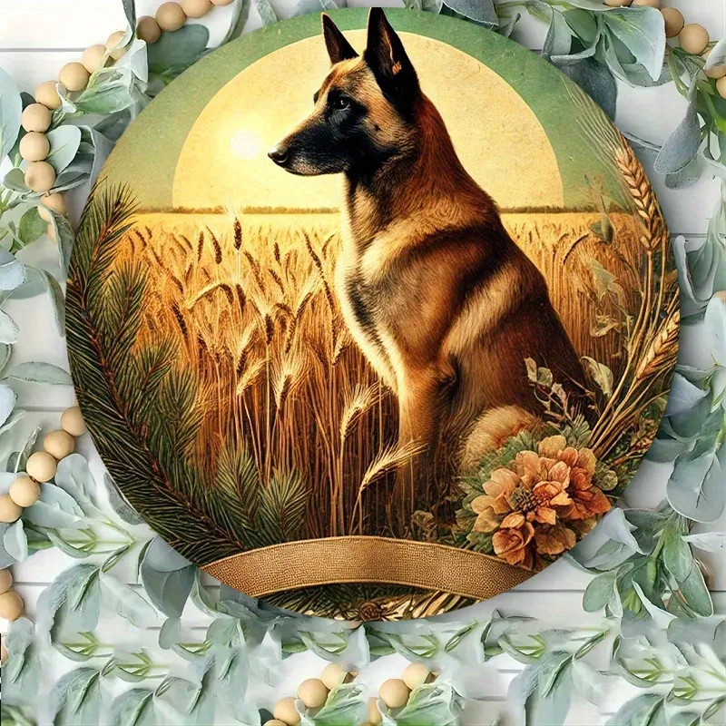 2D Flat, 1pc Belgian Malinois Metal Wall Art - Realistic Farmhouse Decor with Wheat Fields & Sunset, Heavy-Duty Iron Constructio