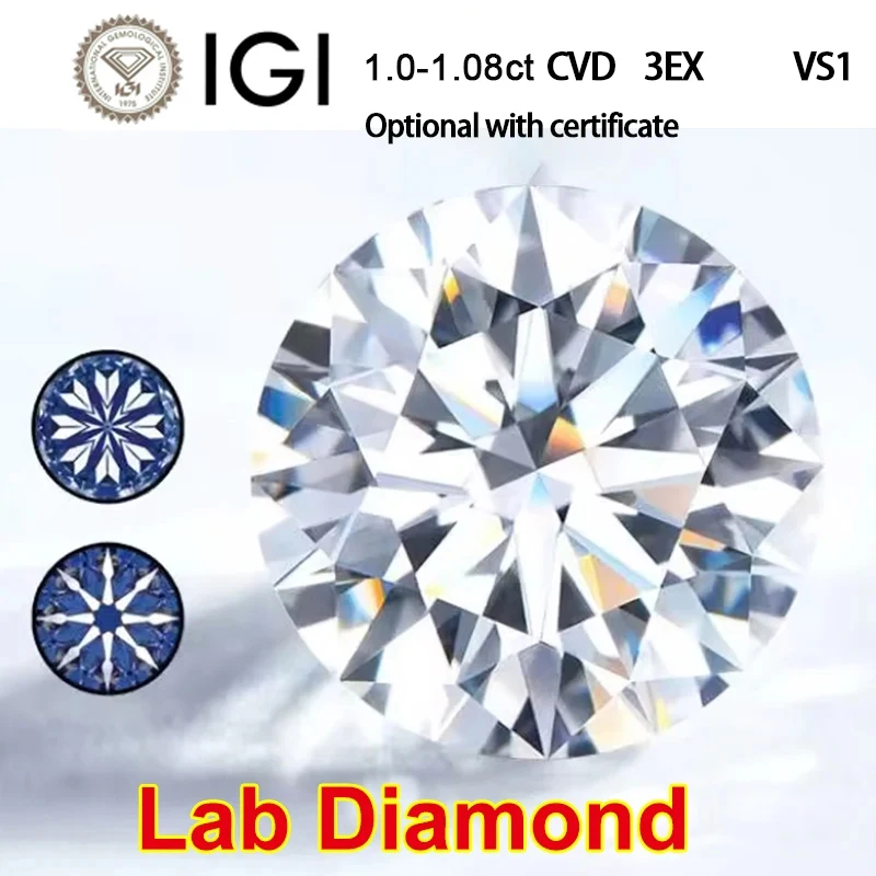 

D VS CVD Lab Grown Diamond Round Brilliant IGI certificate D VS Loose Diamond 1.0-1.08ct CVD Lab Diamond Custom shape