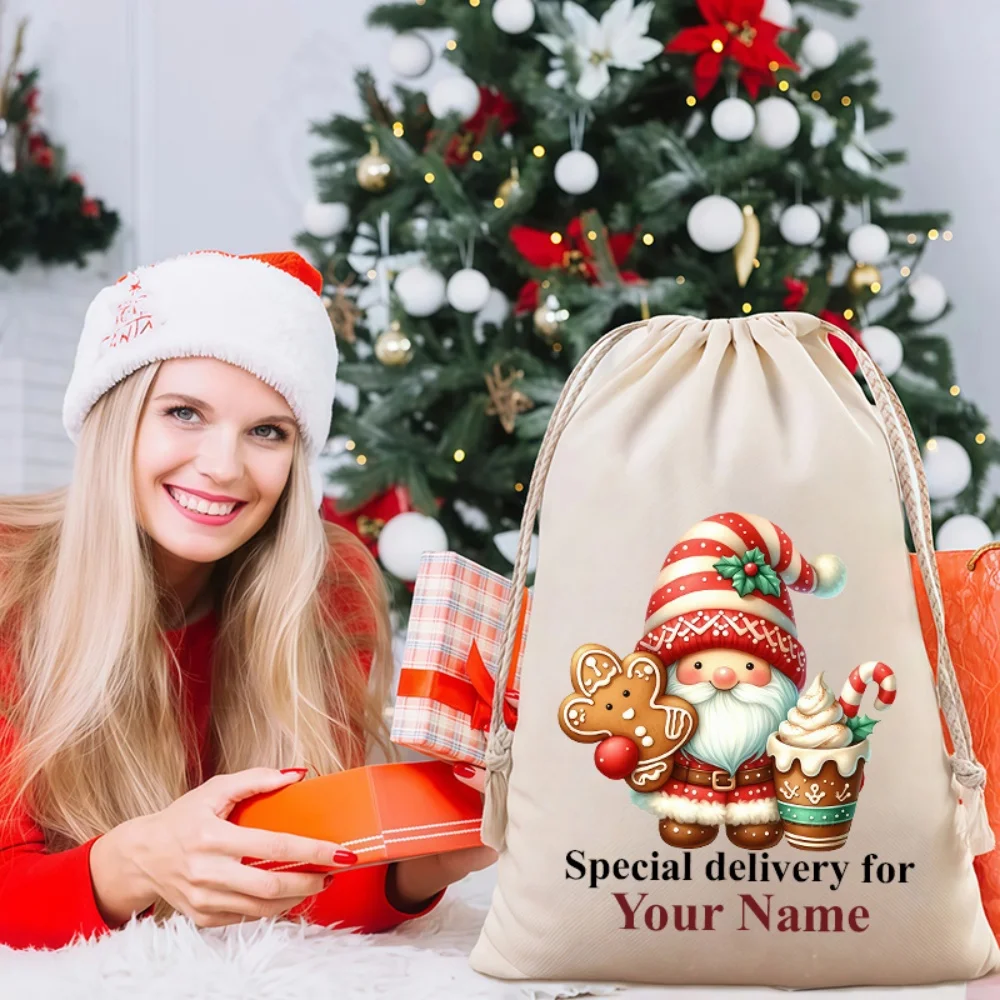 1Pc Custom Name/Text Christmas Imitation Hemp Drawstring Gift Bags, Party Candy Bags, Christmas Gift for Family and Friends