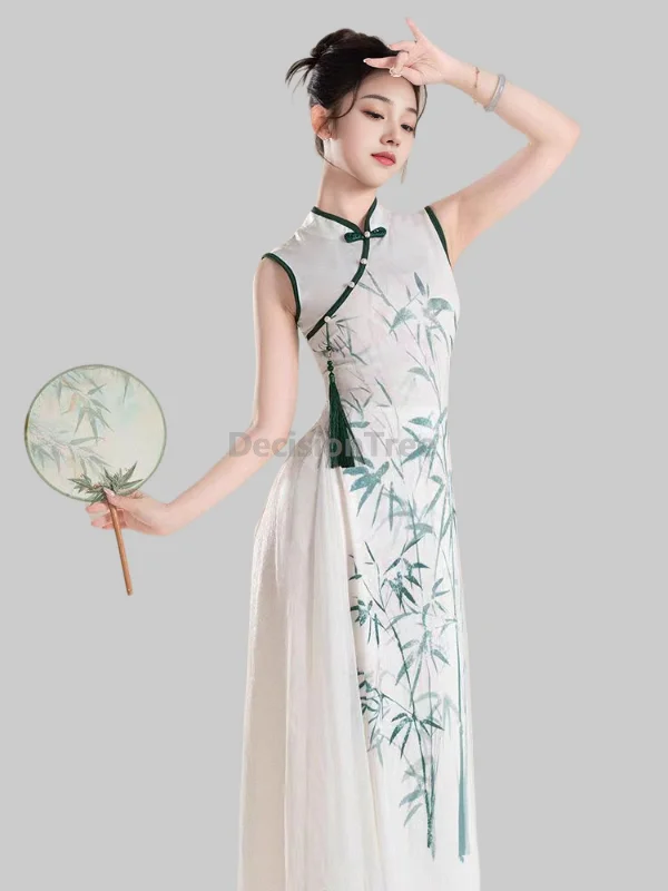 Classical Dance Bamboo Printing High Slit Qipao Chinese Folk Dance Practice Garment Stage Performance Stretchy Mesh Dress Set