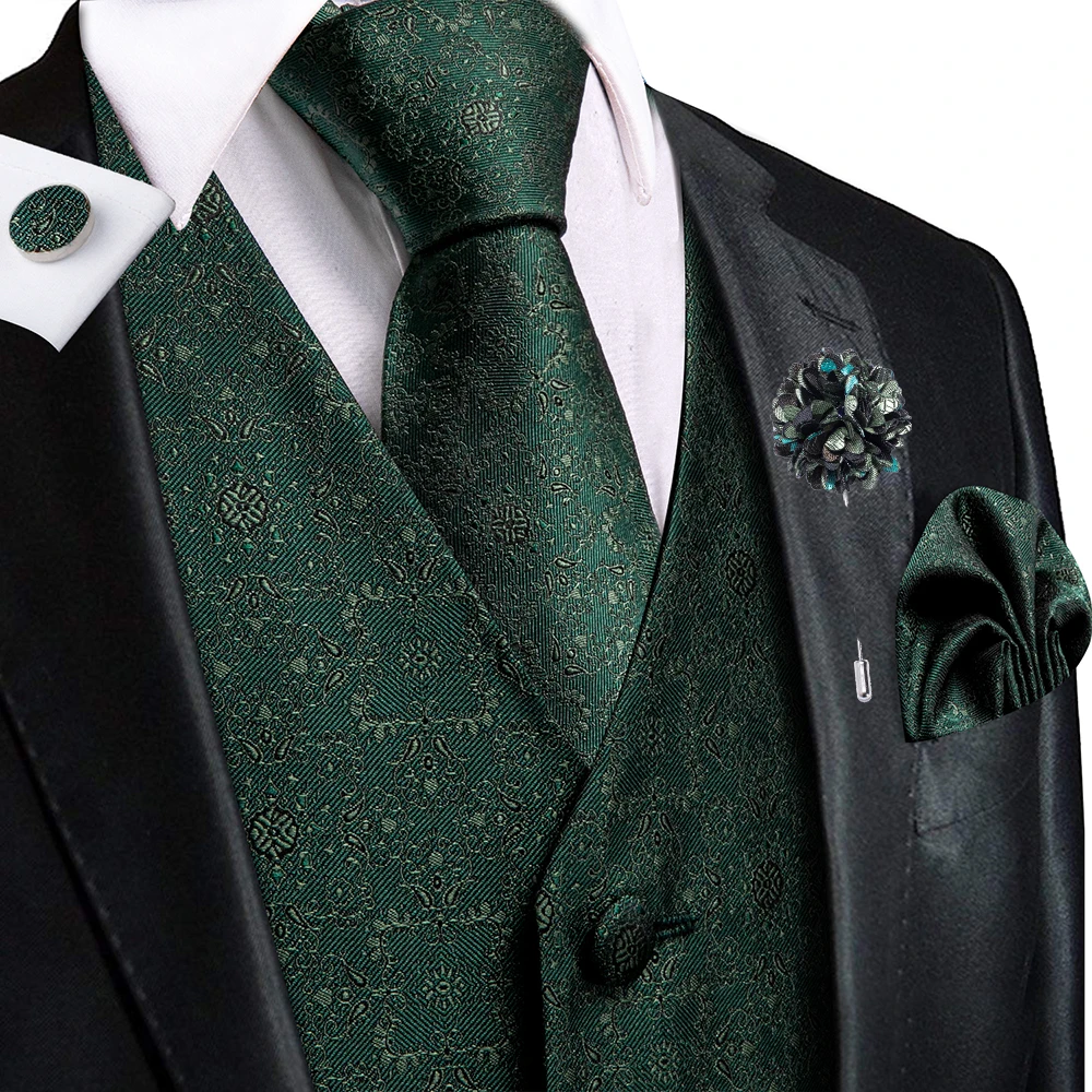 

Hi-Tie Dark Green Mens Silk Vests Floral Jacquard Waistcoat Tie Hanky Cufflinks Brooch Sets for Men Suit Wedding Formal Business