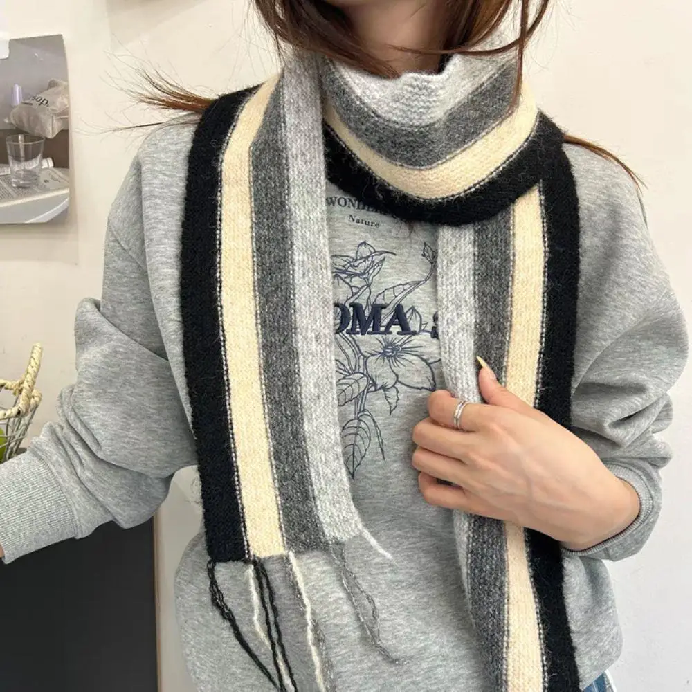 

Wool Women Winter Scarves Contrast Color Scarf Warm Thicken Block Knitted Scarf Shawl Fashion Tassels Scarves Lady Neck Warmer