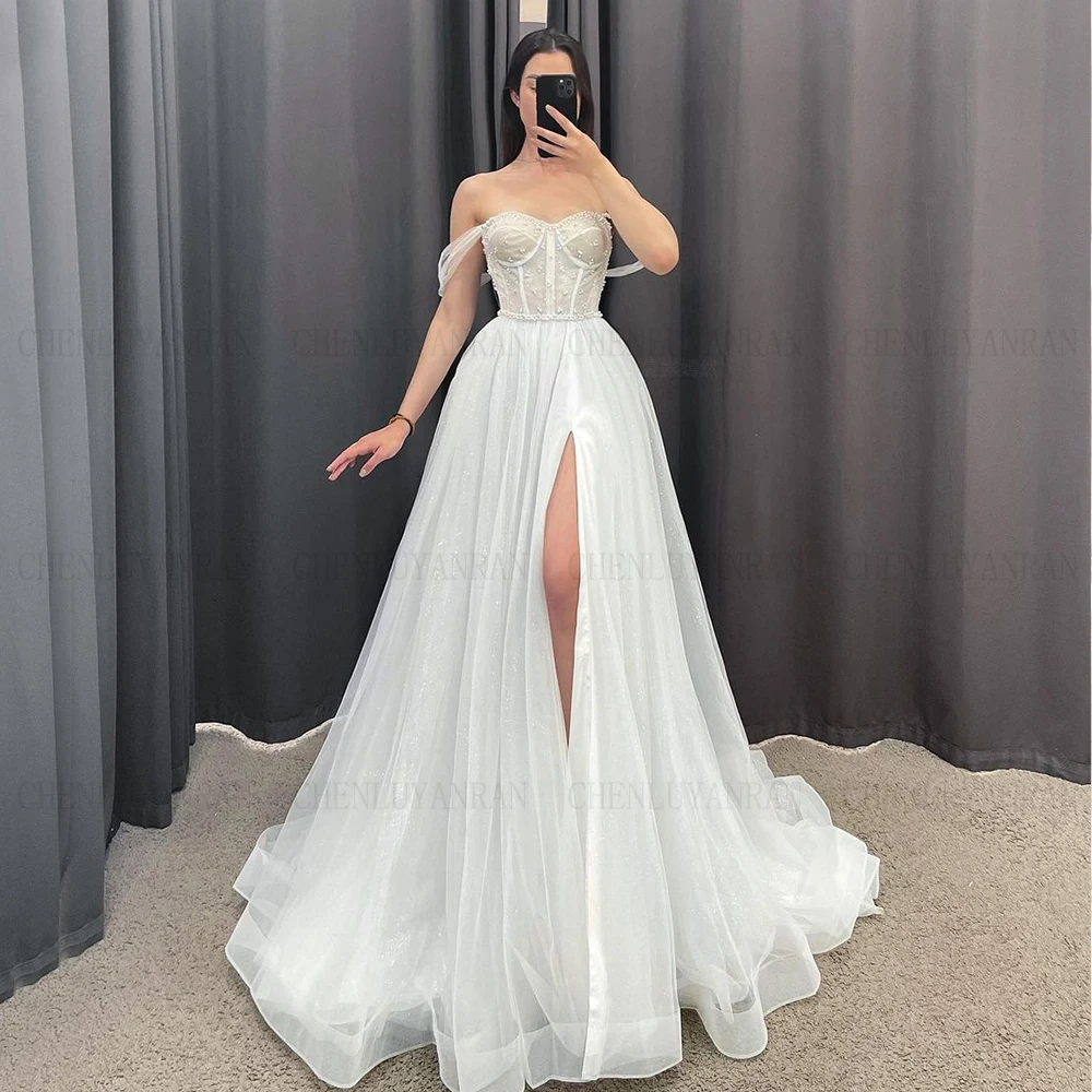 

Boho Wedding Dresses Sweetheart Beads Pearls Tulle Bride Dresses Sweep Train Split Sexy Dresses For Women 2023 Robe De Mariée