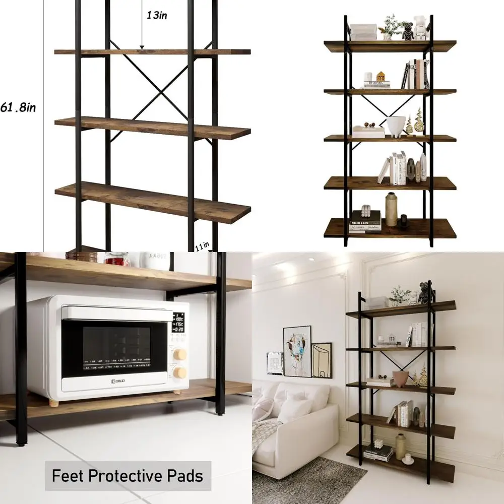 

Industrial-Style 5-Tier Bookshelf, Rustic Brown Metal Storage Unit for Home Office and Study
