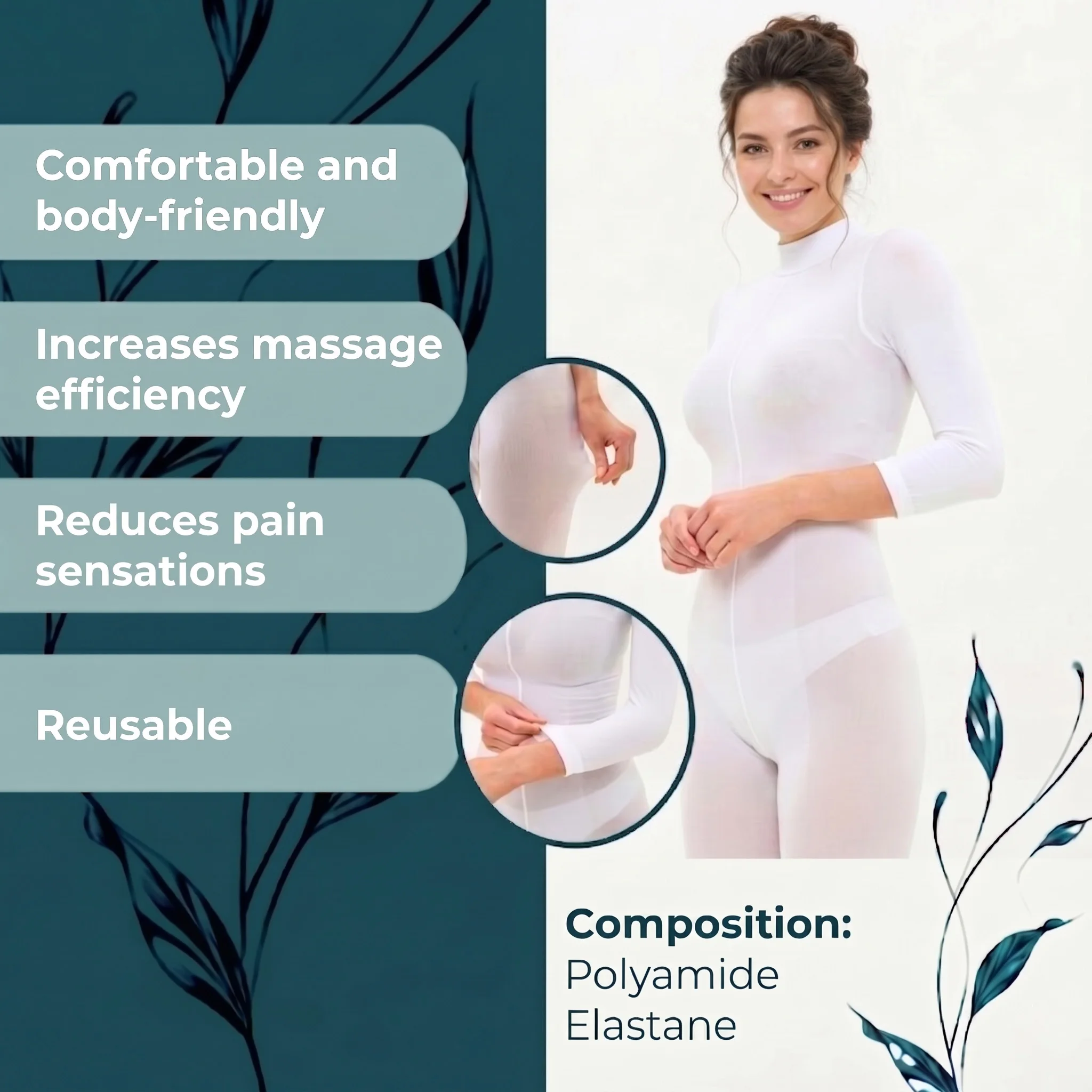 120 DEN Ladies White Full Body Vacuum Roller Massage Jumpsuit Pressotherapy Suit Seamless Slimming Contouring Leotard M L XL XXL