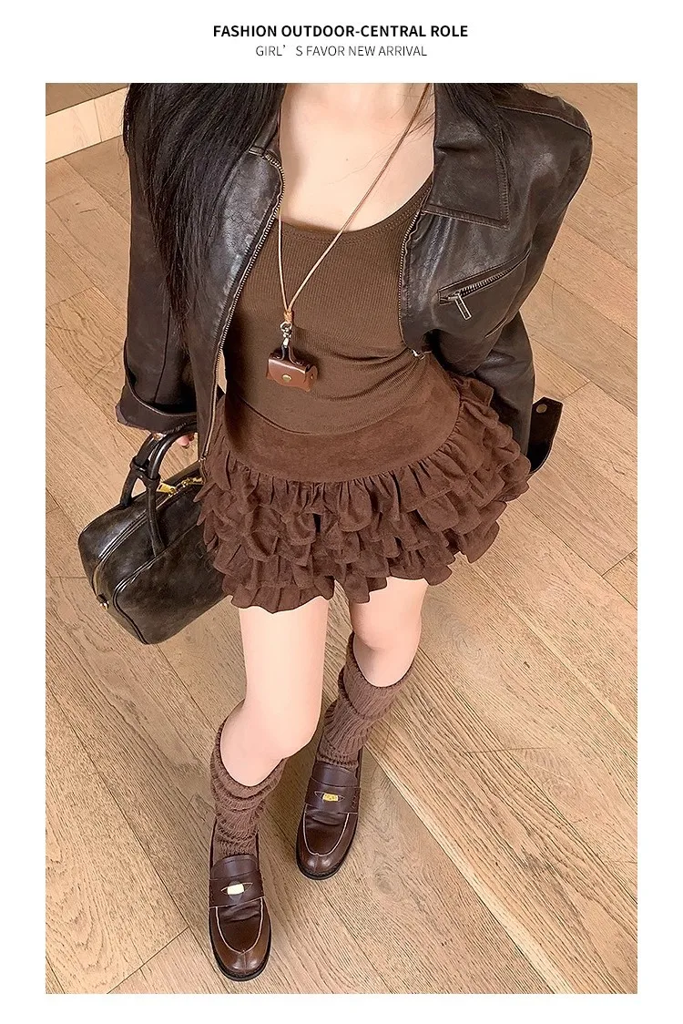 Women's Mocha Aesthetic High Waist Brown Puff Skirt, Autumn Winter Suede Bodycon Pleated Tiered Cake Skirt