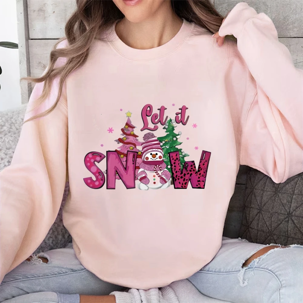 

Let it Snow Fashionable Pink Long-Sleeve Top for Women Snowflake Christmas Trees Winter Wear Sweatshirt Snowman Festive Sweater