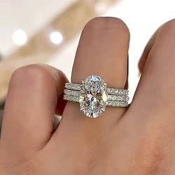 Huitan Oval Cubic Zirconia 3Pcs Set Rings for Women Silver Color Dazzling Bridal Wedding Rings Anniversary Party Trendy Jewelry
