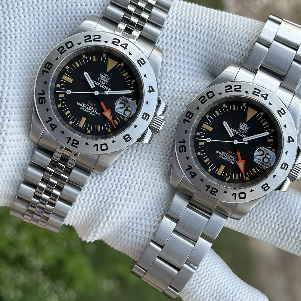 STEELDIVE D1992V جديد وصول GMT NH34 الحركة الميكانيكية التلقائية مضيئة الياقوت الزجاج 300 متر مقاوم للماء الرجال الغوص الساعات