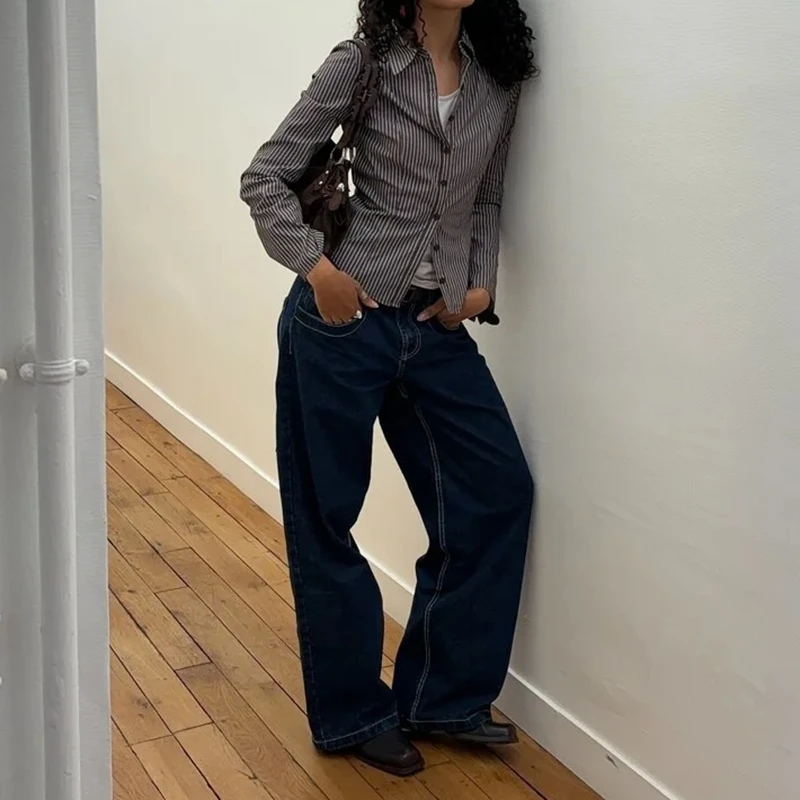 

Combhasaki женская Y2k винтажная рубашка на пуговицах в стиле ретро с длинным рукавом и эстетичным принтом в полоску/однотонная облегающая верхняя рабочая блузка OL