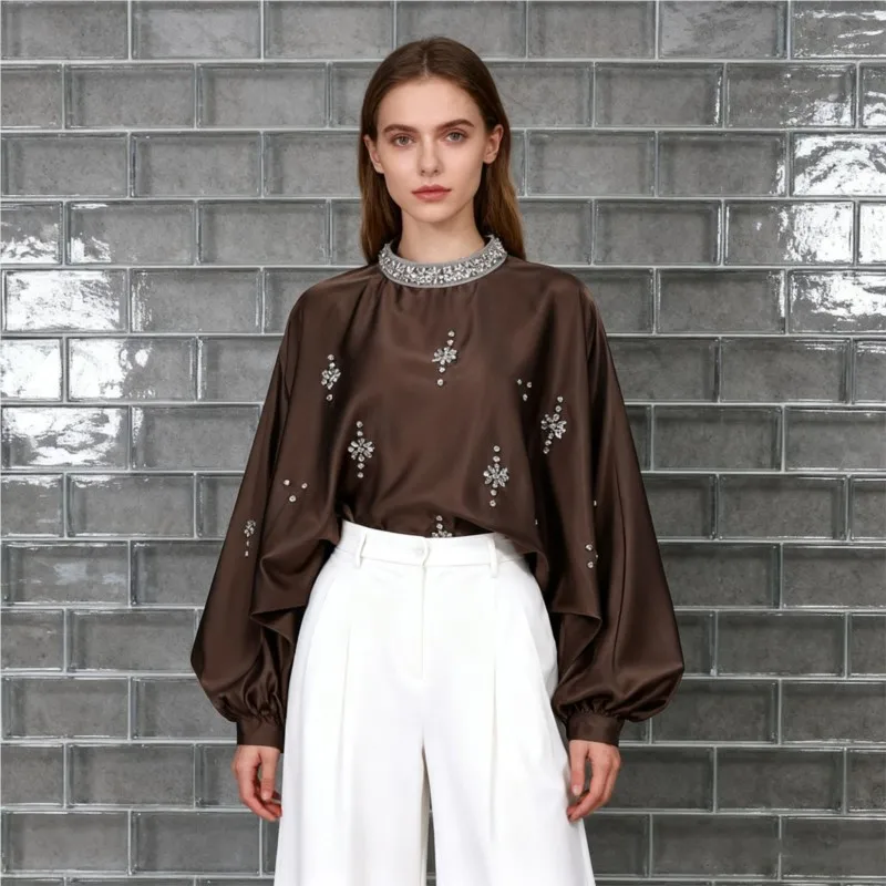 

EDGLuLu French Retro Style Round Neck Sequin Splicing Loose Blouse Ladies Office Lady Lantern Sleeve Black Top 1116