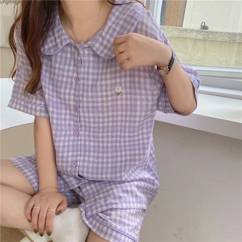 Korean Plaid Summer Home Suit Women Peter Pan Collar Shirts + Shorts Cotton Kawaii Two Piece Pajamas Set Green Sleepwear