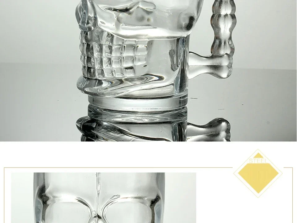 Classical Pirate Partner Beer Cup Crystal Glass Creative Skull Face Bone with Handle Drinking Wine Vodka Essential Bar KTV