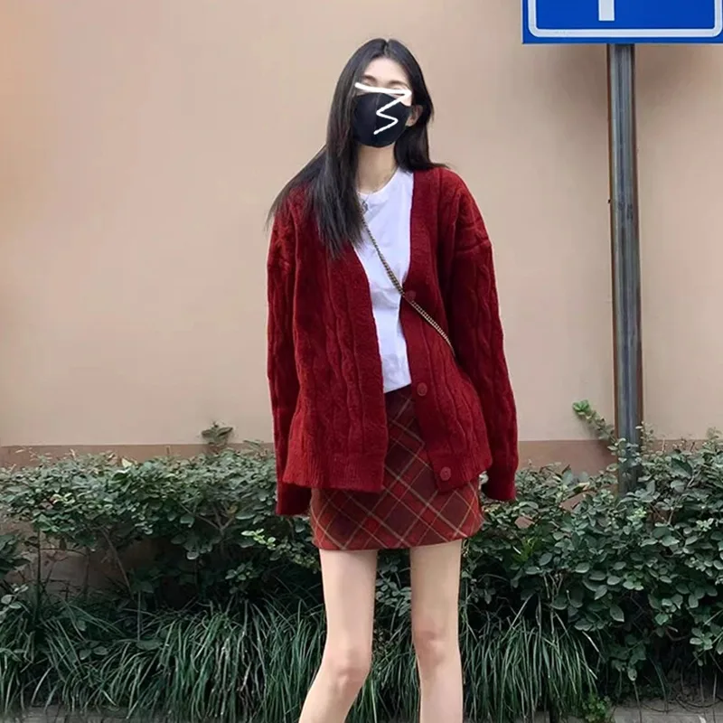 

Кардиган женский однотонный ленивый стиль с поворотным дизайном шикарный осенний корейский модный универсальный повседневный уличный свитер с v-образным вырезом популярный