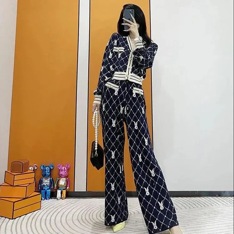 

Women's Vintage Plaid Pattern Two Piece Set Korean Fashion Casual Short Sweater Cardigan And Wide Leg Pants Knitted Tracksuit