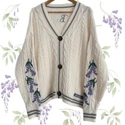 Winter Lake Cardigans with Wisteria Flowers Embroidery Warm Soft Y2k Knitted Sweater Folklore Girl Tops Oversized Cardigan Women