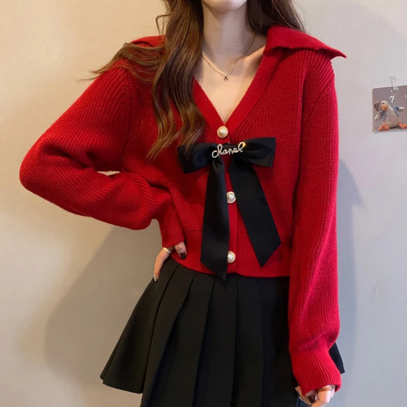 Autumn Winter Christmas Bow Knitted Cardigan Women V-neck Long Sleeve Sweet Casual Knitwear