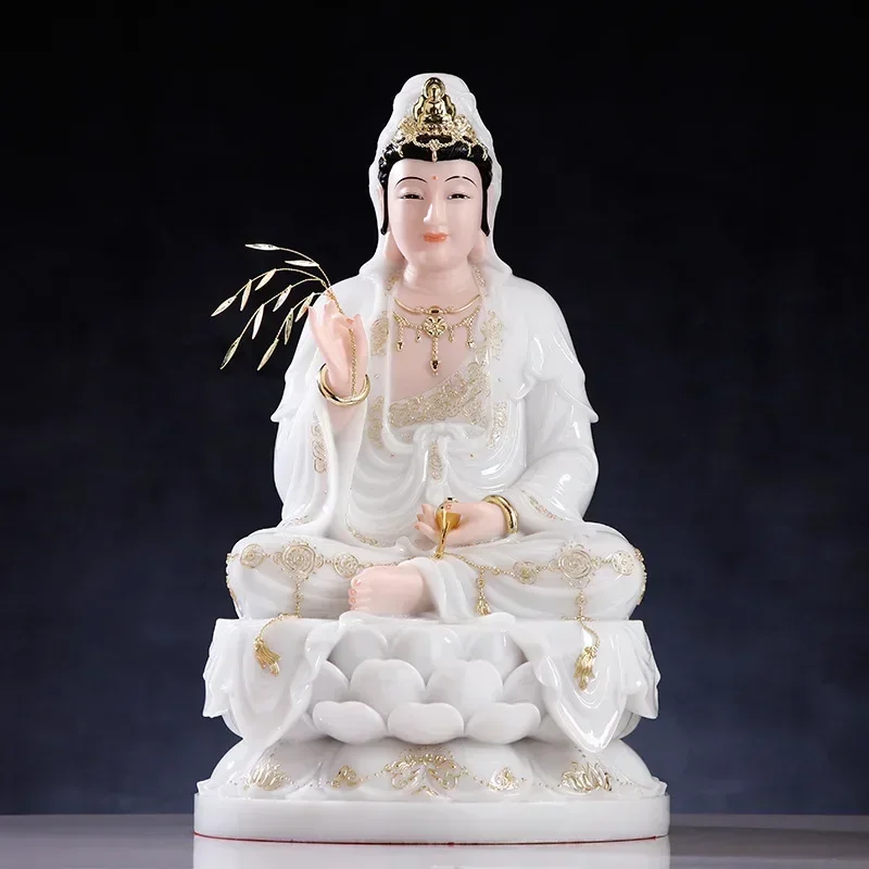 FX-1   pink and white jade inlaid with gold Saha Three Saints Buddha statue home Guanyin Kizang King ornament Sakya