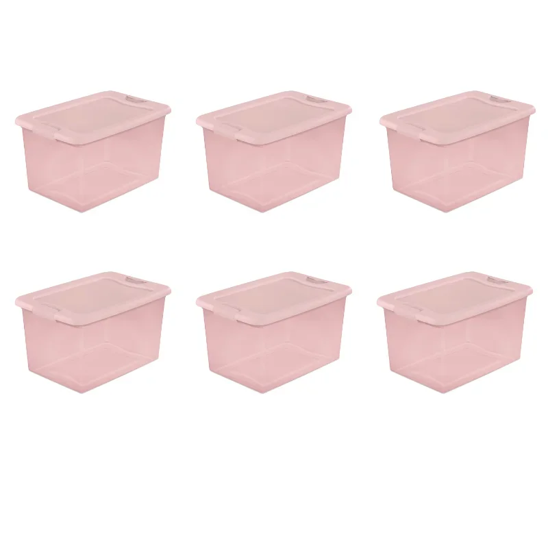 64 Qt. Latching Box Plastic, Blush Pink Tint, Set of 6