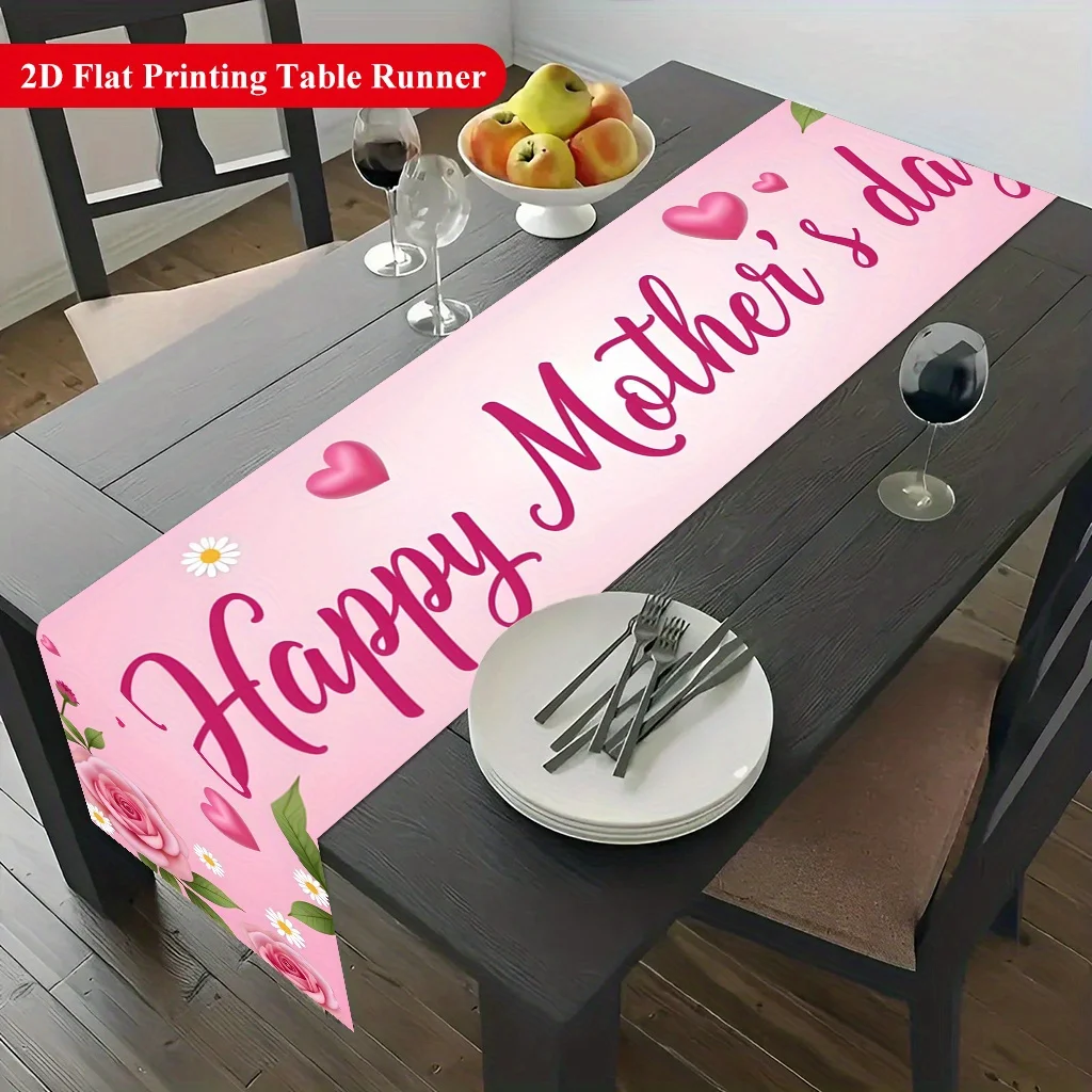 1 piece of 2D flag, balloon and pink rose Mother's Day table flag, festival party tablecloth, home decoration, table decoration