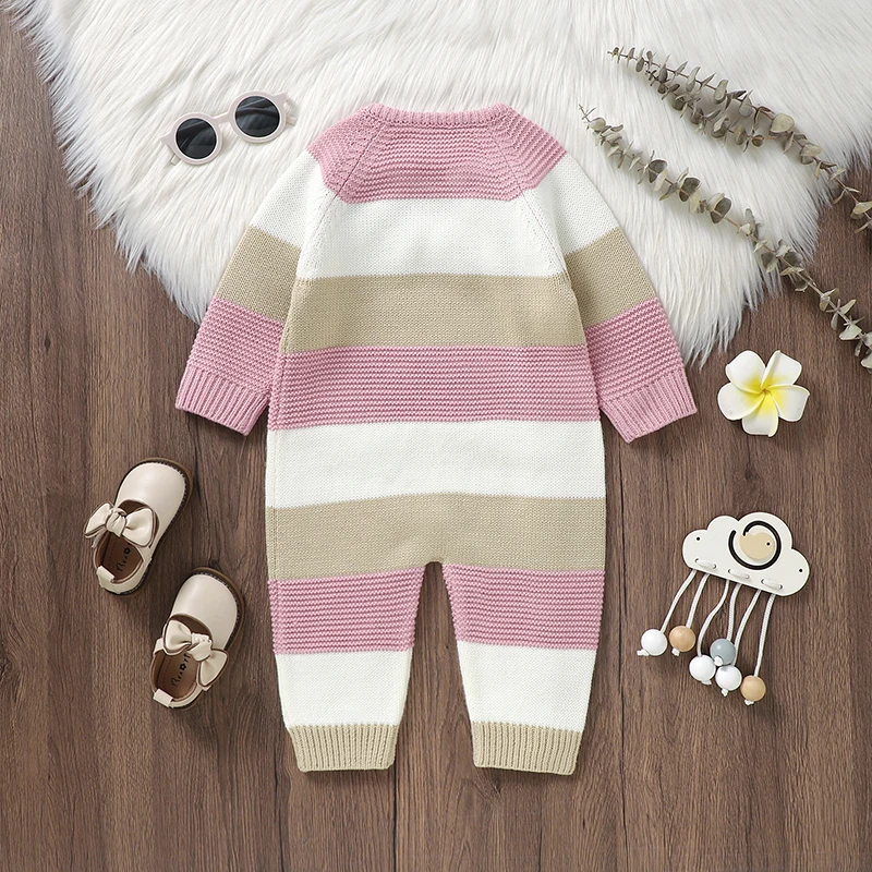 Suefunskry Baby Girl Boy Sweater Romper Striped Crew Neck Long Sleeve Full Length Knitted Jumpsuit for Fall Winter