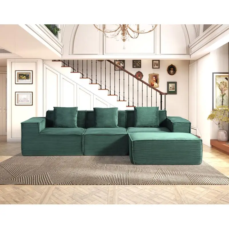 Convertible Corduroy Sectional Couch with Ottoman & Pillows, Modular L-Shaped Sleeper Sofa, Boneless Cloud Sofa for Living