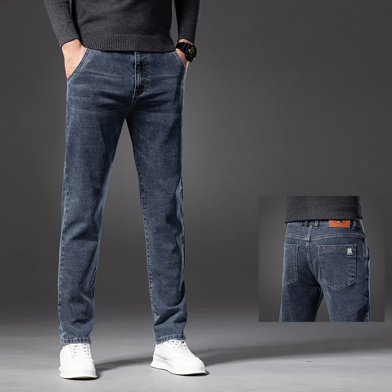 Jeans Lurus Slim Fit biru klasik untuk pria, celana panjang Denim kasual kualitas tinggi harian bahan katun, celana lurus musim gugur untuk pria