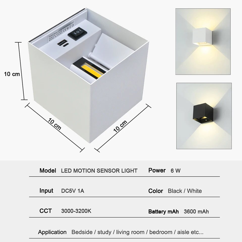 Litu LED Intelligent Motion Sensor Wall lamp 6W With Battery Charging With USB Wall light For Bedroom Night Lighting Corridor De