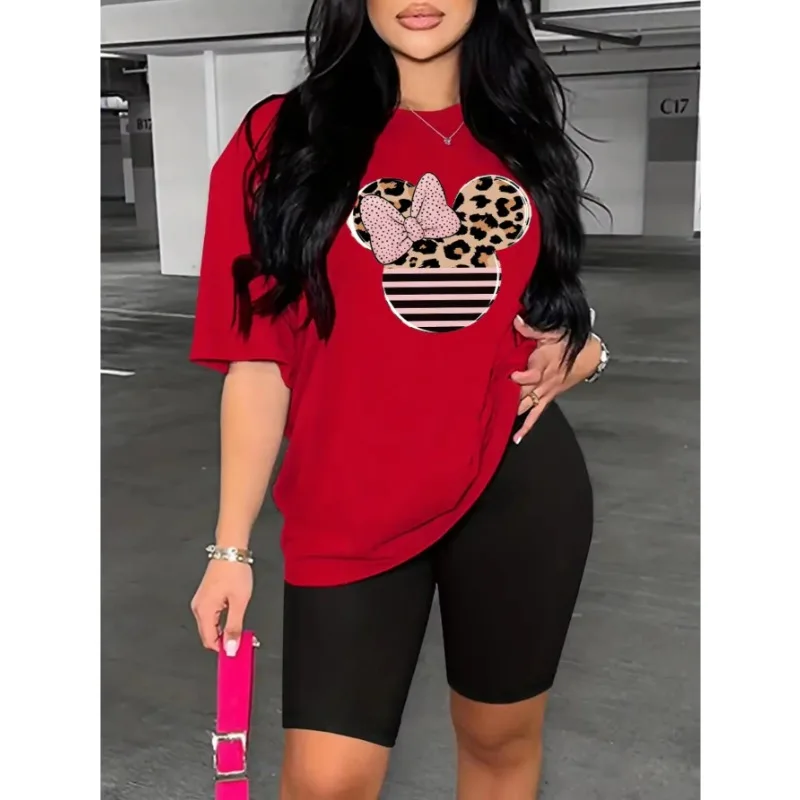 Damska koszulka sportowa z krótkim rękawem i nadrukiem Mickey Cartoon Dziewczęca luźna moda sportowa Street Plus Size Tops