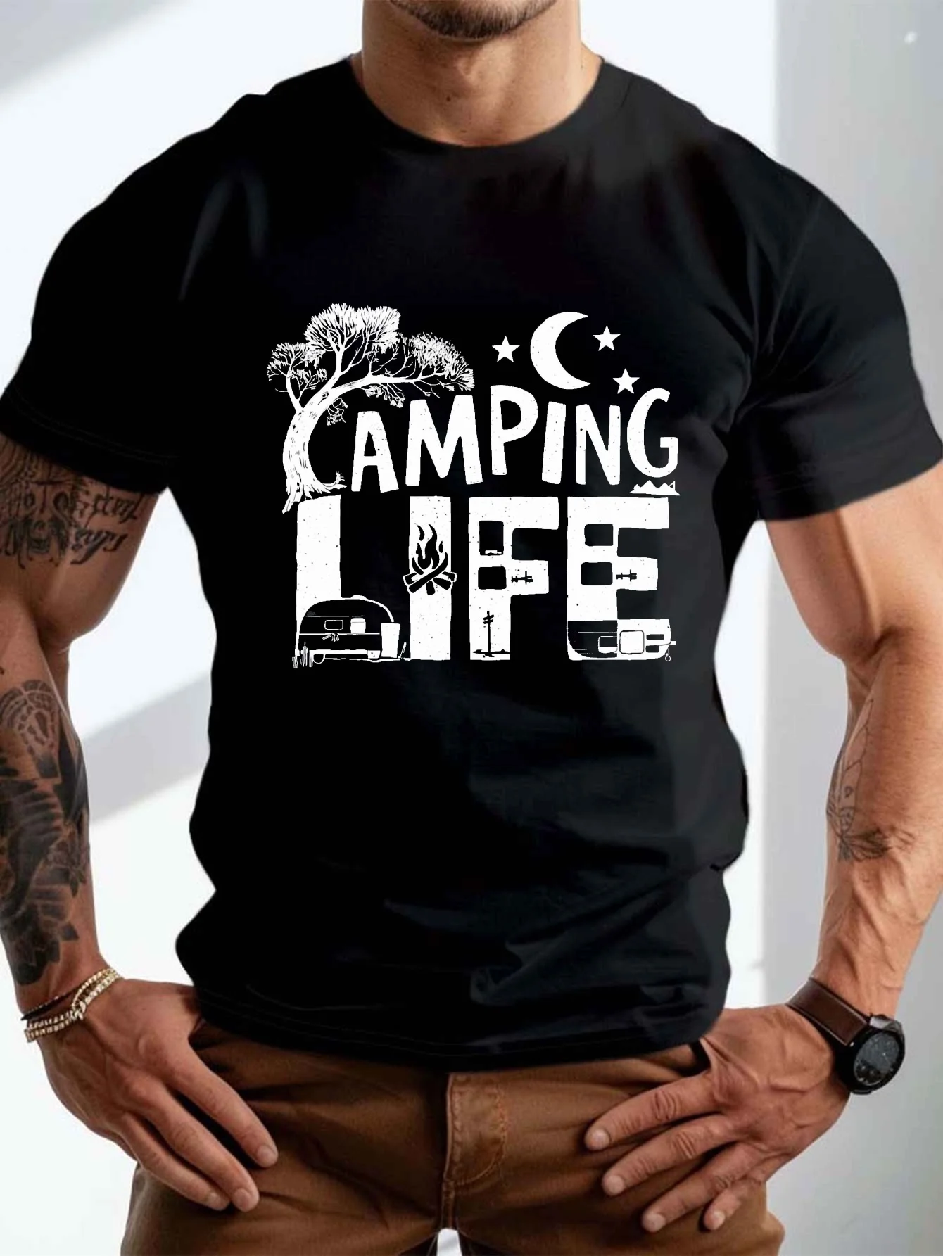 

Мужская повседневная футболка больших размеров, графический принт Adventure CAMPING LIFE, круглый вырез, короткий рукав, стандартный крой, 100% полиэстер