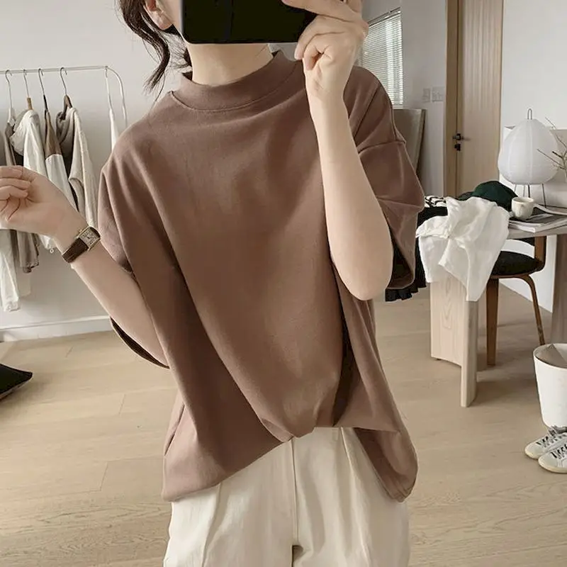 Semi-high Collar T-shirt Women Casual Simple Short Sleeve Top Spring Summer Trend Loose Thin T Shirt Korean Style Vintage Tshirt