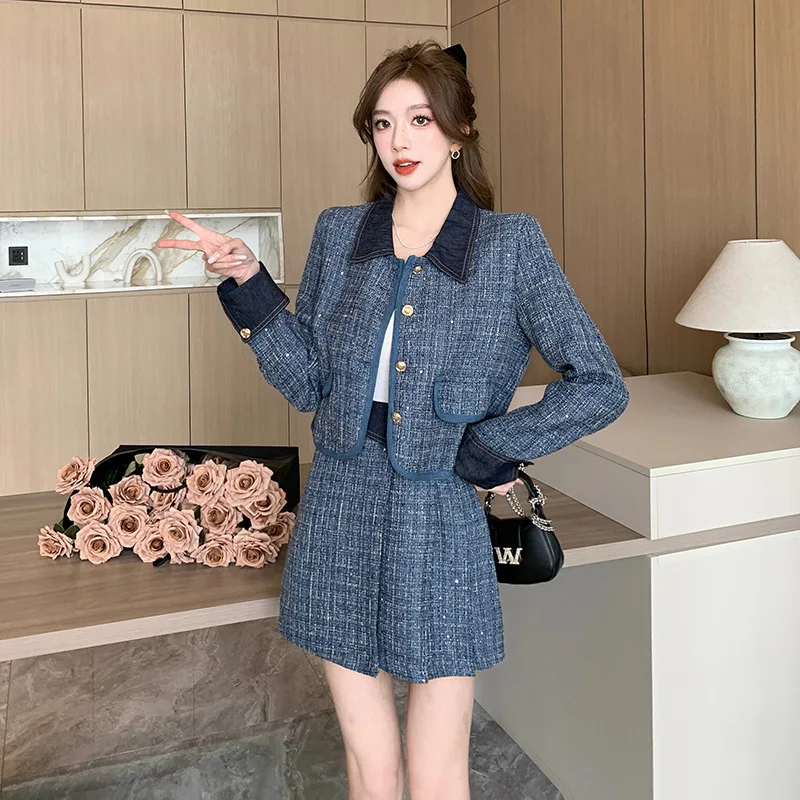 Women's tweed 2-pcs set blue long sleeved round neck jacket+half skirt 2026 new spring/autumn small fragrance style set