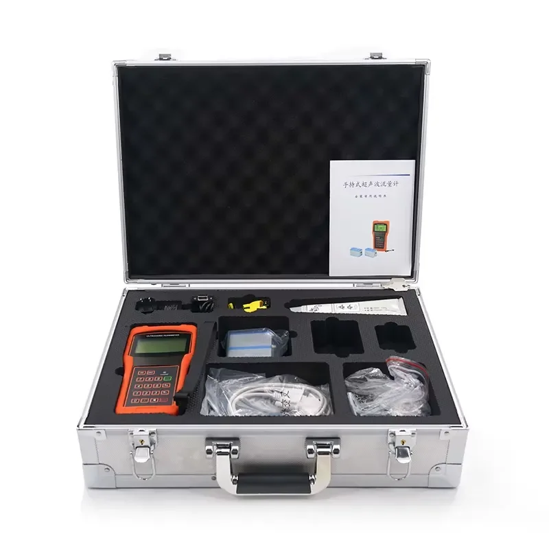 

Handheld portable ultrasonic water flowmeter with three flow sensors, customizable OEM, IP67 protection, LCD digital display