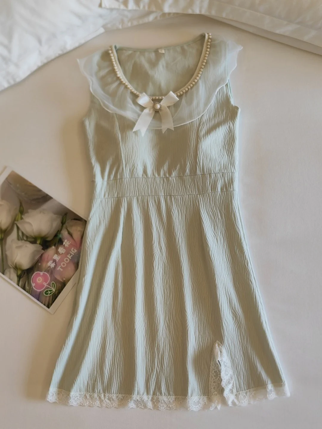 Sweet Style Doll Collar Sleeveless Summer Ruffle Waist Slimming Short Skirt Mint Green Home Clothes Women's Sleepwear Dress