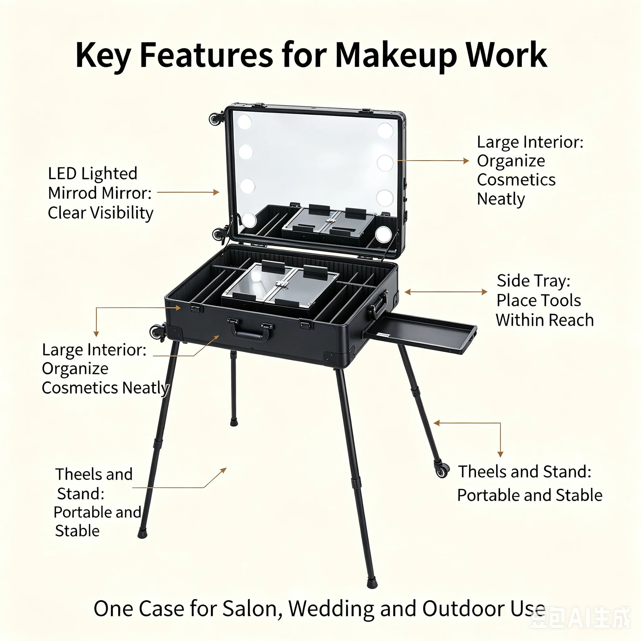 Professional Rolling Makeup Trolley Case With LED Light Mirror Portable Beauty Storage Suitcase For Makeup Artists Salon Use