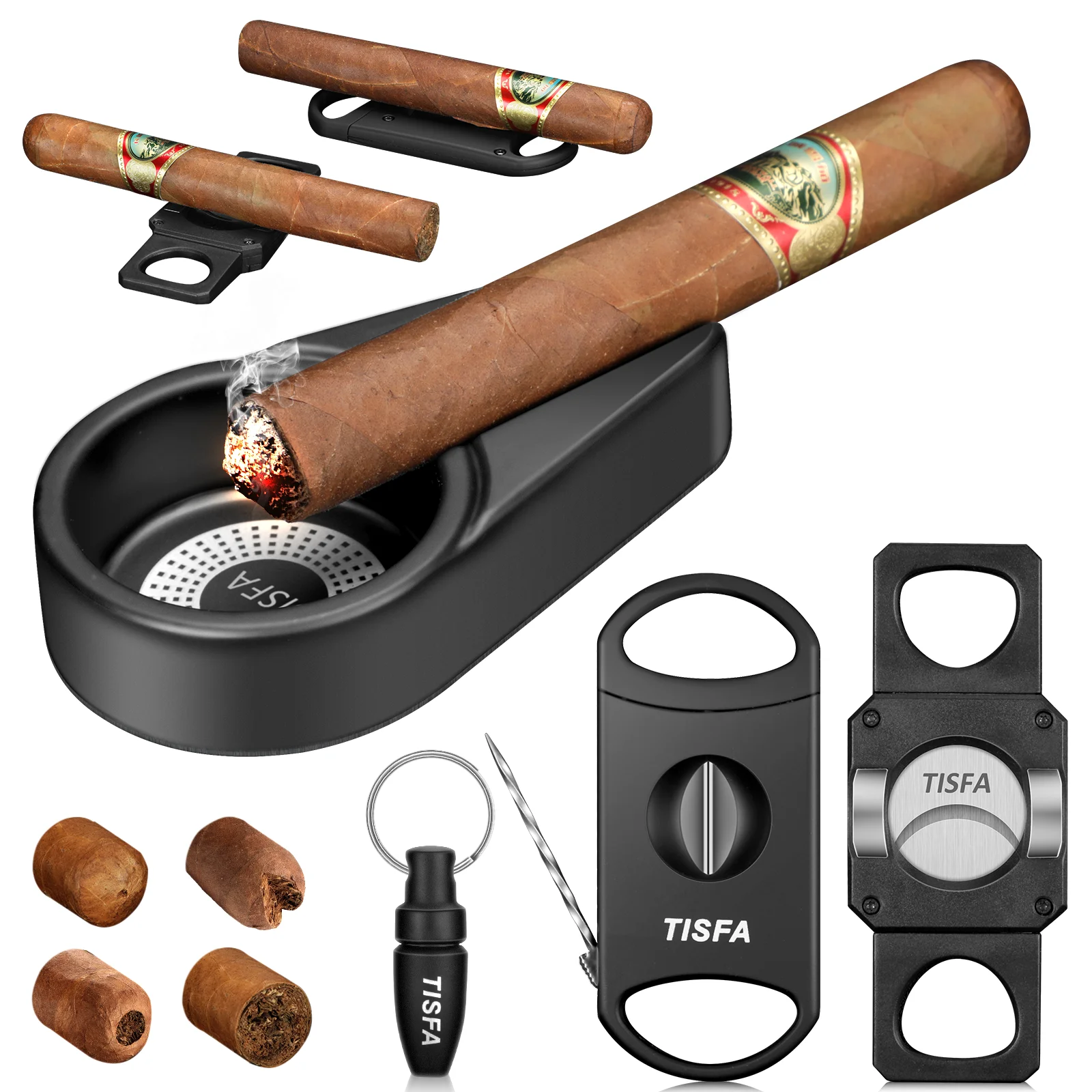 Cigar Ashtray Set, Cigar Punch, V Cutter, Cigar, Draw Enhancer, Cigar Holder, Straight Cutter with Cigar Stand