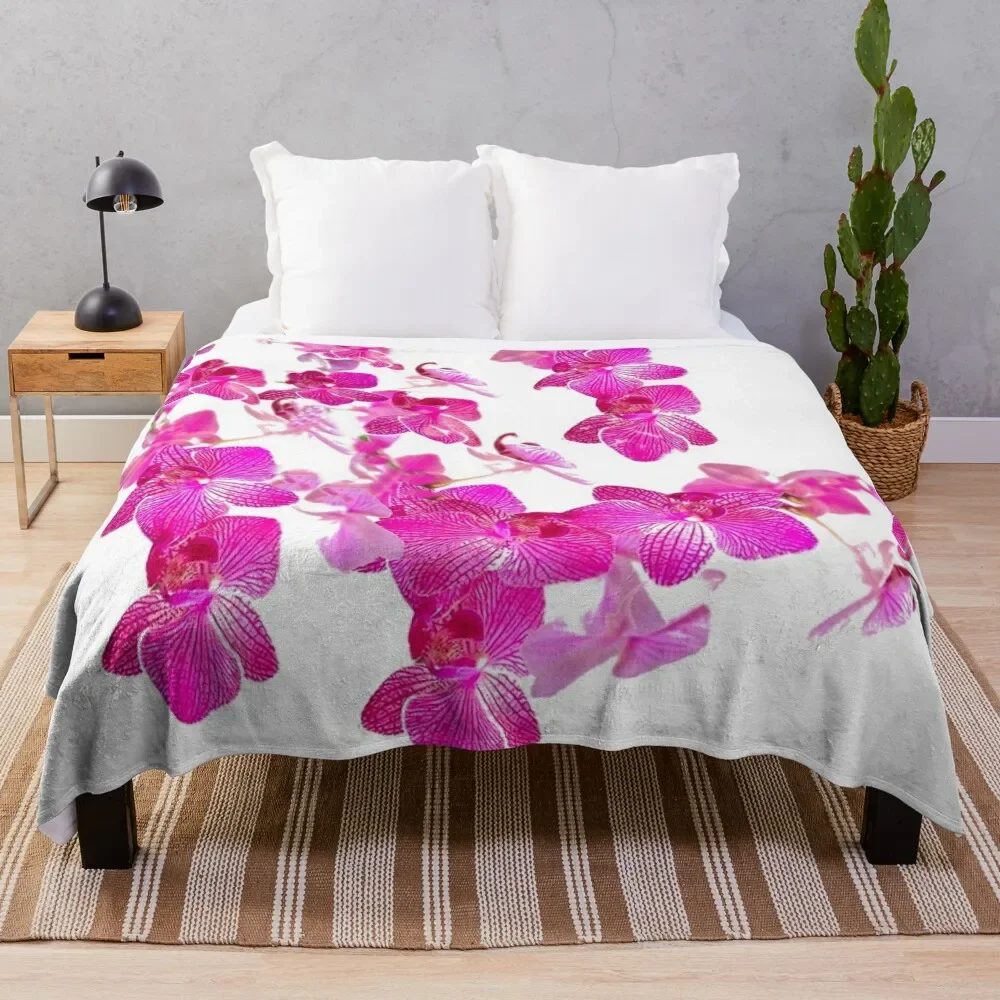 FUCHSIA PINK ORCHIDS PATTERNS WHITE ART Throw Blanket Hair Plush blankets and throws Blankets