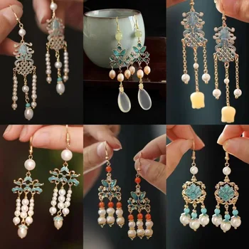 Retro Chinese Blue Enamel Earrings for Women Ancient Palace Style Flower Butterfly Shaped Pearl Tassel Luxury Jewelry Ear Clips
