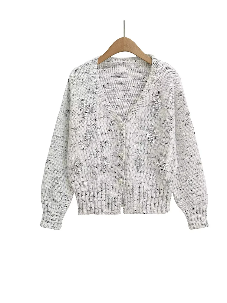 

Women Long Sleeve V-neck Beading Buttons Sweaters Loose Sequined Cardigans
