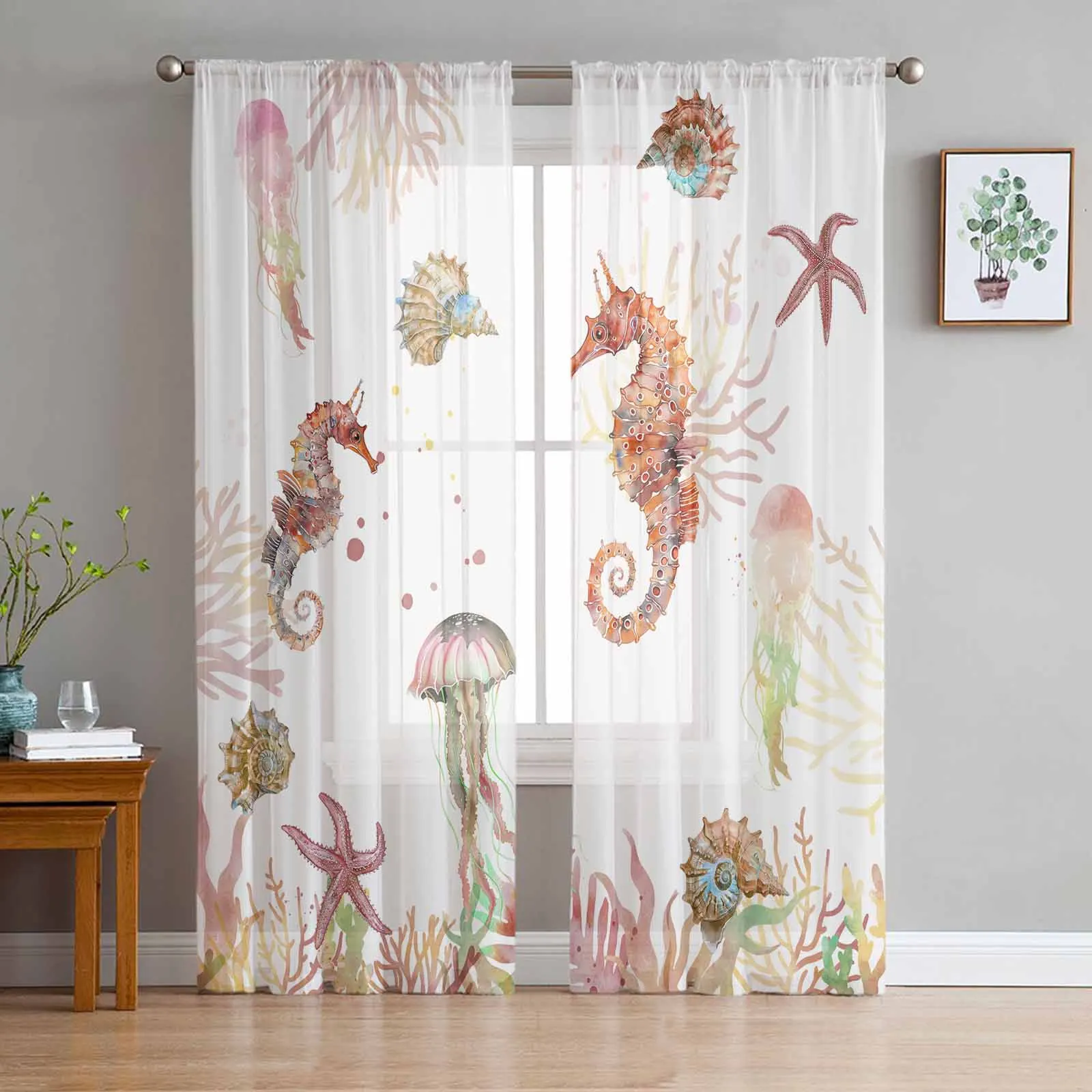 Marine Navigation Jellyfish Starfish Seaweed Tulle Sheer Curtain for Living Room Home Decor Bedroom Voile Organza Curtains