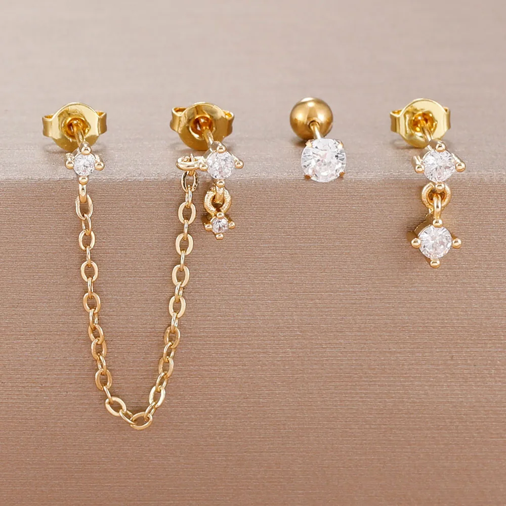 3PCS 14K Gold Überzogene Paar Piercing Stud Kette Quaste Zirkon Ohrringe Set Für Frauen Ins Minimalismus Edelstahl ohr Ohrringe