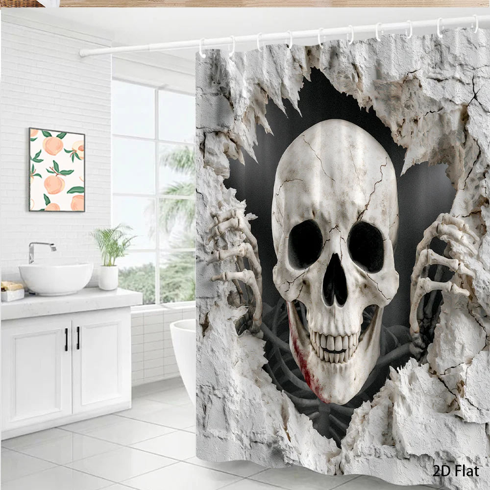 3D Skull Breaking Wall Shower Curtain, Horror Skeleton & Zombie Hand Print Waterproof Bathroom Decor, Scary Gothic Home Bath