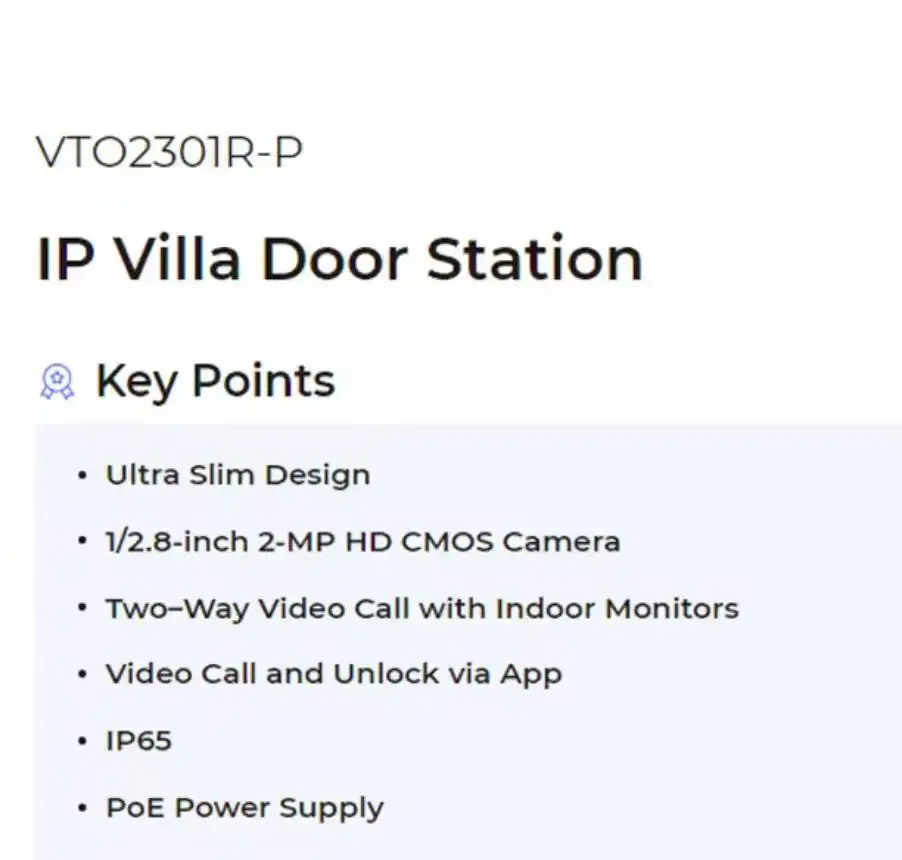 Dahua VTO2301R-P Oirginal 2MP PoE Doorbell  Outdoor Mini IP Video Intercom ONVIF HD Night Vision APP Two-way Audio Full digital view 2