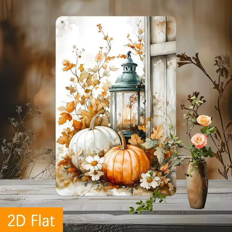 2D Flat Autumn Pumpkin & Lantern Metal Tin Sign, Watercolor Fall Leaves Design, Rustic Iron Wall Art for Fall Home Decor