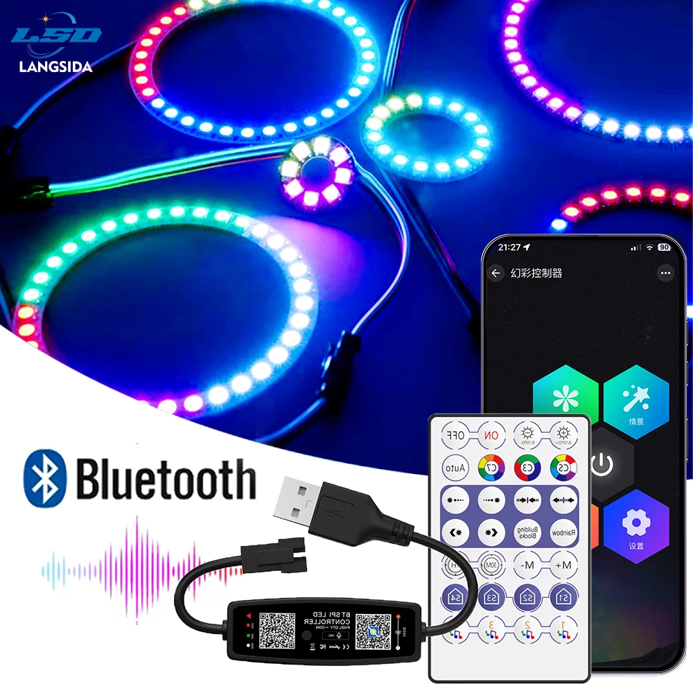 

WS2812B Led Ring 5050 BuiIt-in Individually Addressable 8/16/24/35/45 Pixels RGB With USB 28Keys Bluetooth Music Controller Kit