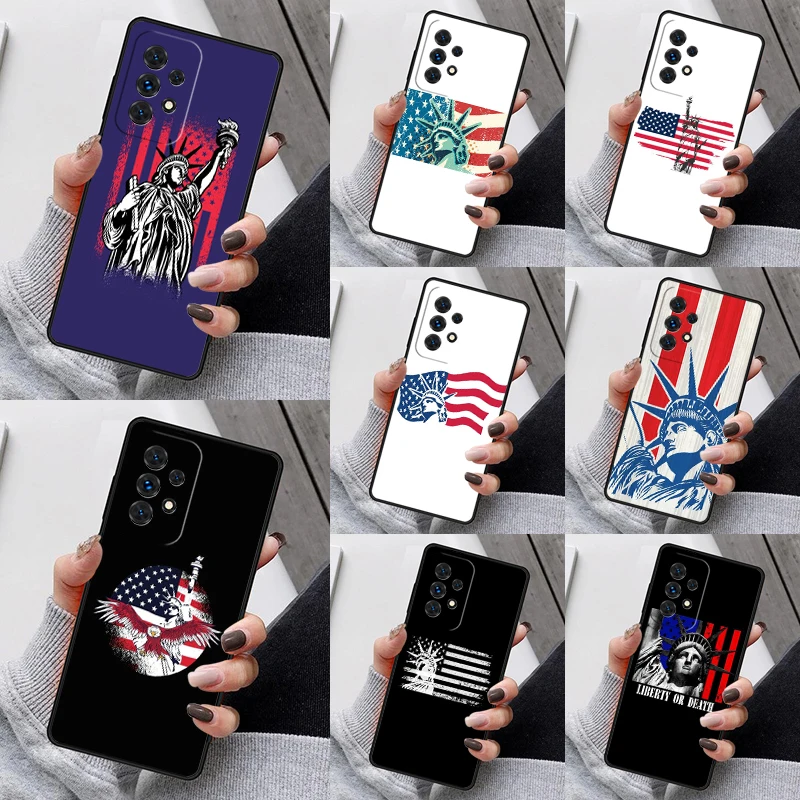 America USA Flag Statue of Liberty Phone Case For Samsung Galaxy S23 S21 S20 FE S24 S22 Ultra Note20 S10 Plus A40 A52 A13 A53